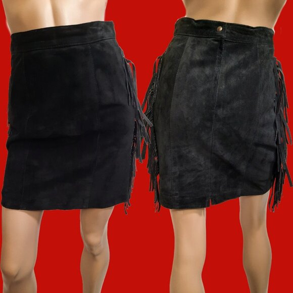Vintage 90s Black Fringed Suede Mini Skirt Size S Western Rocker Grunge Indie - Picture 1 of 10